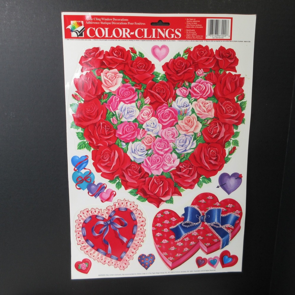 Vintage Color-Clings Valentine's Day Heart Roses Window Clings Decal Decor NEW